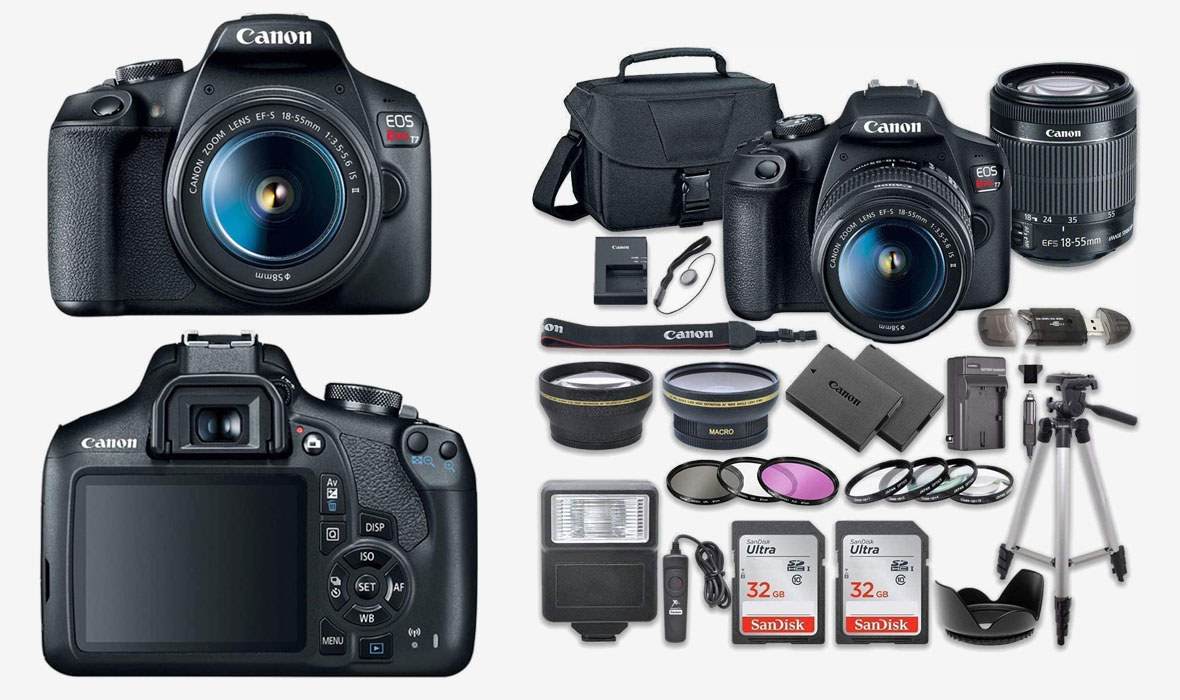 Canon EOS Rebel T7 DSLR Camera with Canon EF-S 18-55mm Lens + Memory Cards