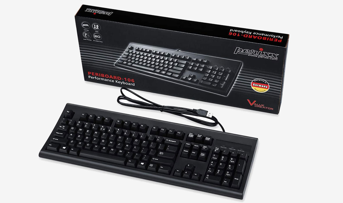 Perixx Periboard-106, Wired Performance Full Size Keyboard, Curve Ergonomic Keys